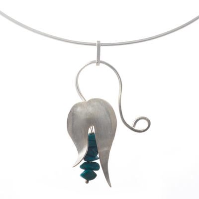 Chrysocolla choker, 'Day Flower' - Handcrafted Floral Fine Silver Pendant Chrysocolla Necklace
