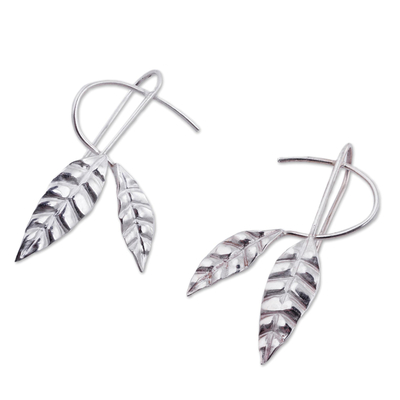 Silver drop earrings, 'Dancing Leaves' - Handcrafted Leaf Fine Silver Drop Earrings