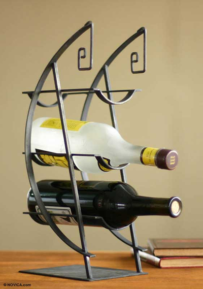Steel wine bottle holder, 'Space in Time' - Steel wine bottle holder