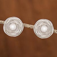 Silver button earrings, Silver Rosebud