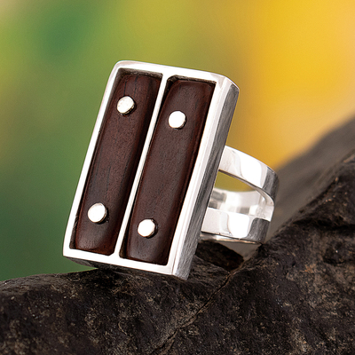 Cedar cocktail ring, 'Safari' - SIlver Ring with Cedar Wood Accents Handcrafted in Peru