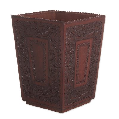 Tooled leather basket, 'Classic' - Hand Tooled Leather And Wood Waste Basket