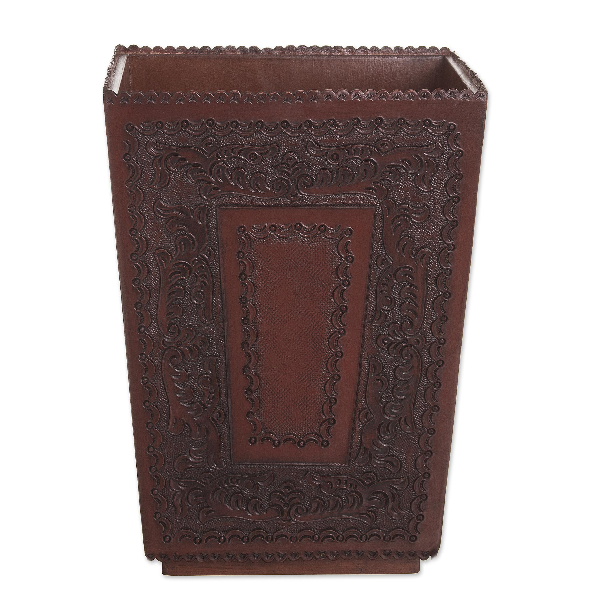 Hand Tooled Leather And Wood Waste Basket - Classic | NOVICA