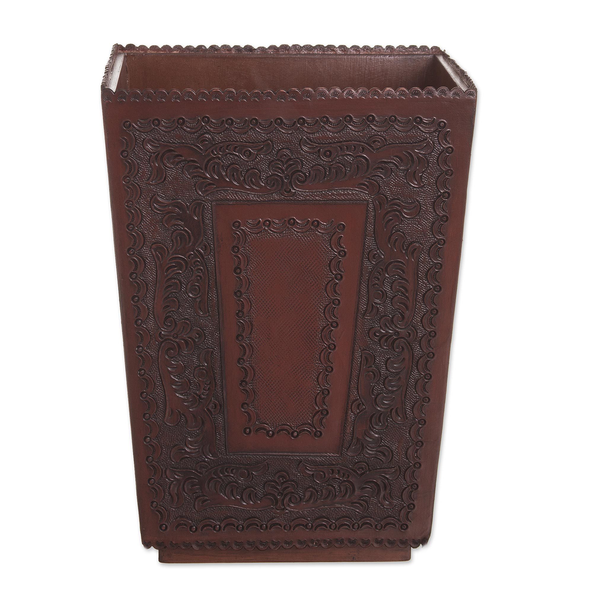 Hand Tooled Leather And Wood Waste Basket Classic NOVICA