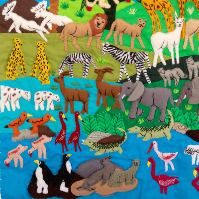 Applique wall hanging, 'Noah's Happy Venture' - Handcrafted Happy Multicolor Animals Wall Hanging