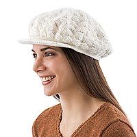 100% alpaca beret, 'Wispy Clouds' - Fair Trade Alpaca Wool Solid White Hat