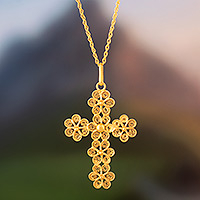 Gold plated cross necklace, 'Cross of Flowers'