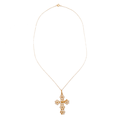 Gold plated cross necklace, 'Cross of Flowers' - Gold Plated Cross Necklace