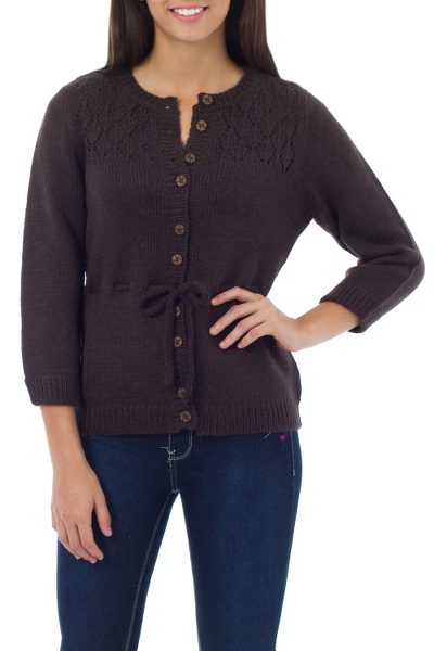 Alpaca blend sweater, 'Cocoa Highland Elegance' - Peruvian Women's Alpaca Blend Cardigan Sweater