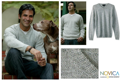 Alpaca blend men's sweater, 'Gray Favorite Memories' - Men's Unique Alpaca Blend V Neck Sweater