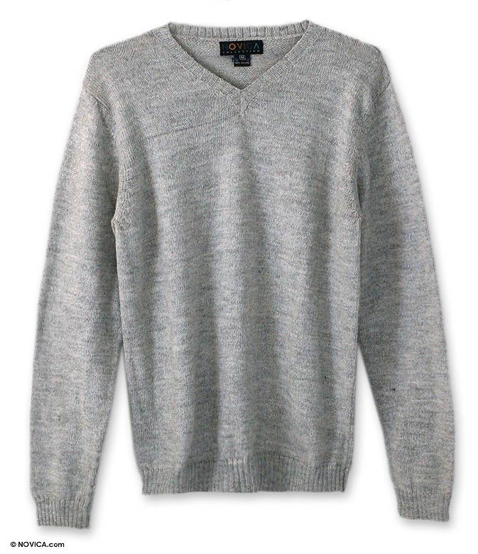 Men's Unique Alpaca Blend V Neck Sweater - Gray Favorite Memories | NOVICA