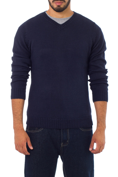 Alpaca blend men's sweater, 'Blue Favorite Memories' - Men's Alpaca Blend V Neck Sweater