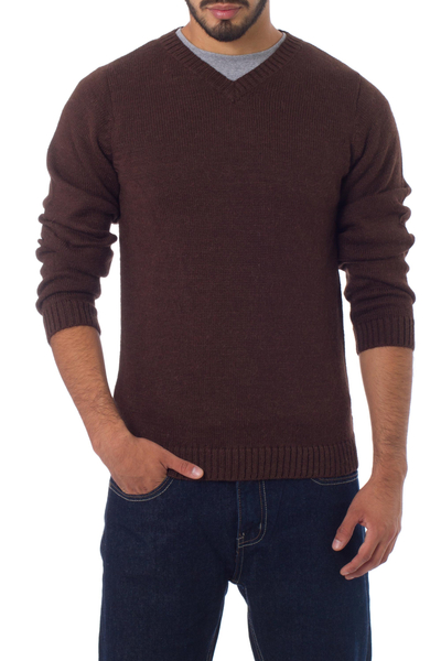 Alpaca men's sweater, 'Brown Favorite Memories' - Men's Alpaca Blend V Neck Sweater from Peru