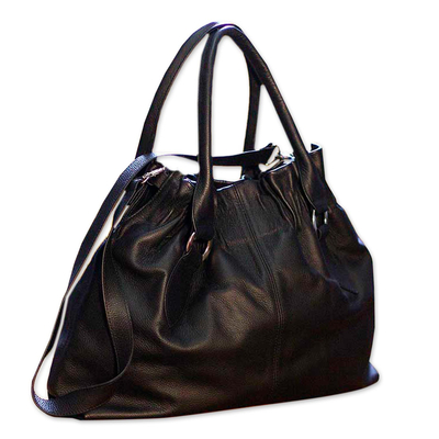Leather Hobo Handbag with Shoulder Strap - Nocturnal Black | NOVICA