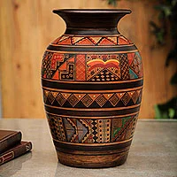 Keramikvase, 'Sowing Fields' - Inka-Keramikvase, braun bemalt, handgefertigt in Peru