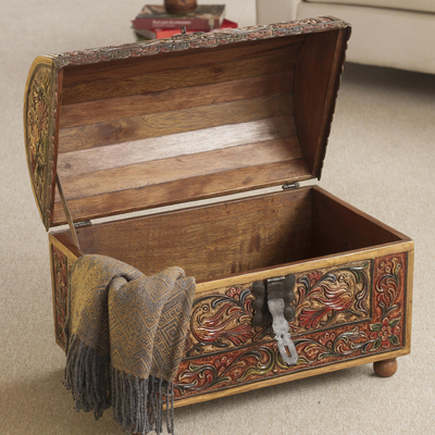 Wood and leather trunk, 'Royal Lion' - Colonial Wood Leather Brown Chests Handmade Furniture