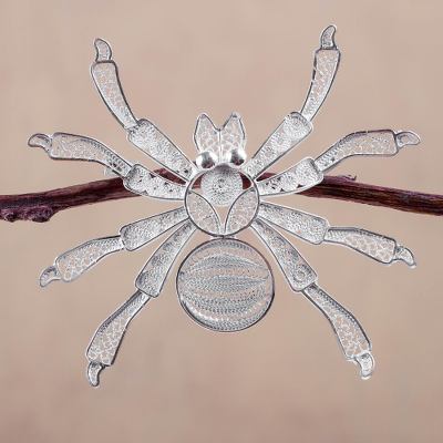 Silver filigree brooch pin, 'Gossamer Spider' - Fine Silver Filigree Brooch Pin from Peru
