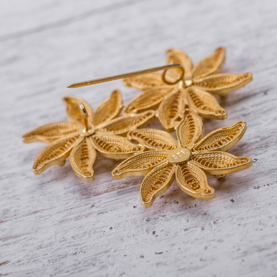 Gold plated filigree brooch pin, 'Amazon Bouquet' - Floral Gold Plated Filigree Brooch Pin