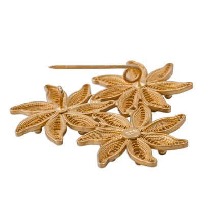 Broche de filigrana chapado en oro - Broche de filigrana floral chapado en oro