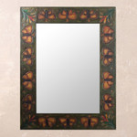 Leather mirror, 'Bronze Butterflies' - Unique Rectangular Leather Wall Mirror