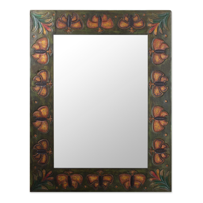 Leather mirror, 'Bronze Butterflies' - Unique Rectangular Leather Wall Mirror