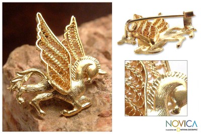 Gold plated filigree brooch pin, 'Pegasus' - Gold plated filigree brooch pin