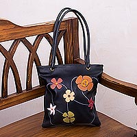 Leather handbag, 'Night Flowers' - Hand Made Floral Leather Shoulder Bag