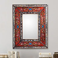 Mirror, 'Orange Cajamarca Warmth' - Rectangular Reverse Painted Glass Wall Mirror from Peru