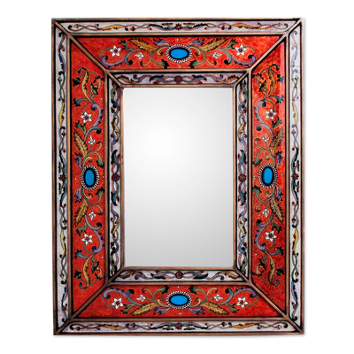 Mirror, 'Orange Cajamarca Warmth' - Rectangular Reverse Painted Glass Wall Mirror from Peru