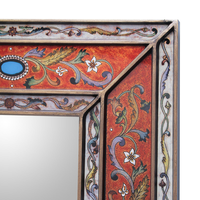 Mirror, 'Orange Cajamarca Warmth' - Rectangular Reverse Painted Glass Wall Mirror from Peru