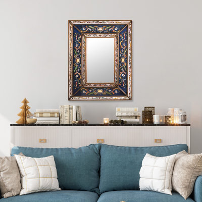 Reverse painted glass mirror, 'Cajamarca Frost' - Hand Made Floral Glass Wood Rectangle Mirror