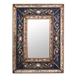 Reverse painted glass mirror, 'Cajamarca Frost' - Hand Made Floral Glass Wood Rectangle Mirror