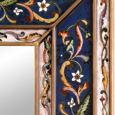 Rückseitig bemalter Glasspiegel, „Cajamarca Frost“ – handgefertigter rechteckiger Spiegel aus Glas und Holz mit Blumenmuster