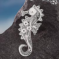 Silver filigree brooch pin, 'Shining Seahorse'