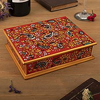 Painted glass Jewellery box, 'Passion' - Hand Crafted Peruvian Wood Jewellery Box