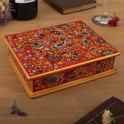 Reverse-painted glass jewelry box, 'Passion' - Hand Crafted Peruvian Wood Jewelry Box