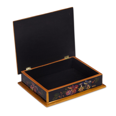 Painted glass Jewellery box, 'Orchids' - Handmade Reverse Painted Glass Jewellery Box from Peru