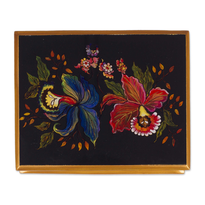 Painted glass jewelry box, 'Orchids' - Handmade Reverse Painted Glass Jewelry Box from Peru