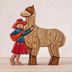 Hand Carved Wood Sculpture Andean Folk Art, 'Love My Llama'
