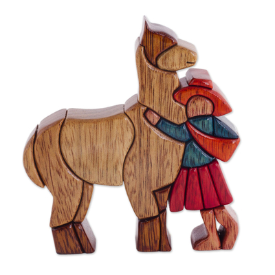 Cedar and mahogany sculpture, 'Love My Llama' - Hand Carved Wood Sculpture Andean Folk Art