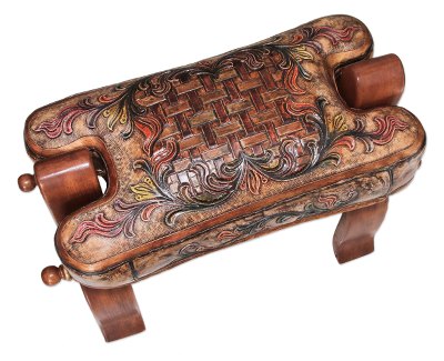 Tornillo wood and leather stool, 'Golden Maze' - Handcrafted Leather Vaulted Horse Seat Stool