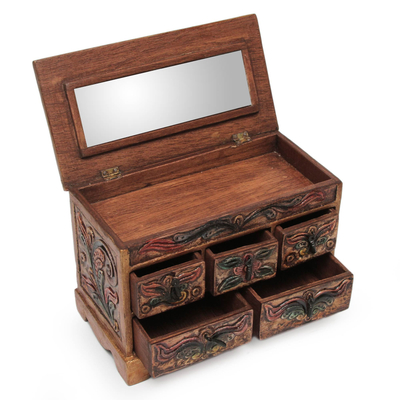 Wood and leather jewellery box, 'Antique Ivy' - Hand Crafted Tooled Leather and Wood jewellery Box