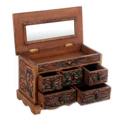 Wood and leather jewelry box, 'Antique Ivy' - Hand Crafted Tooled Leather and Wood Jewelry Box