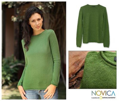 100% alpaca sweater, 'Winter Lime' - Peru Alpaca Wool Pullover Sweater
