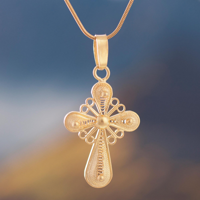 Gold plated cross necklace, 'Cross of Faith' - Gold Plated Cross Pendant Necklace