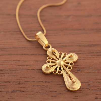 Gold plated filigree cross necklace, 'Cross of Faith' - Gold Plated Silver Filigree Cross Pendant Necklace