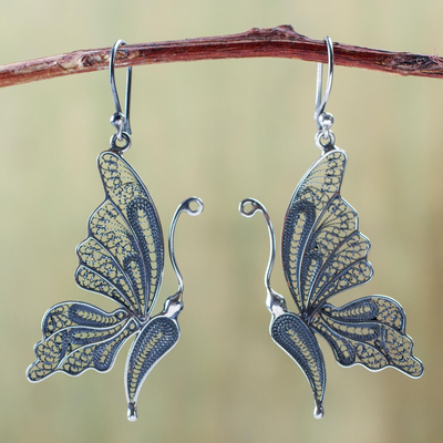 Silver filigree earrings, 'Antique Butterfly' - Unique Bridal Fine Silver Filigree Earrings