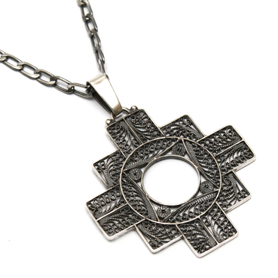 Silver filigree pendant necklace, 'Astral Cross' - Fine Silver Filigree Pendant Necklace