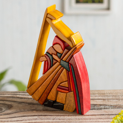 Cedar and mahogany sculpture, 'Andean Harpist' - Ishpingo Wood Sculpture Handmade in Peru