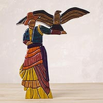 Cedar and Mahogany Sculpture Handmade Peru, 'The Woman and the Condor'
